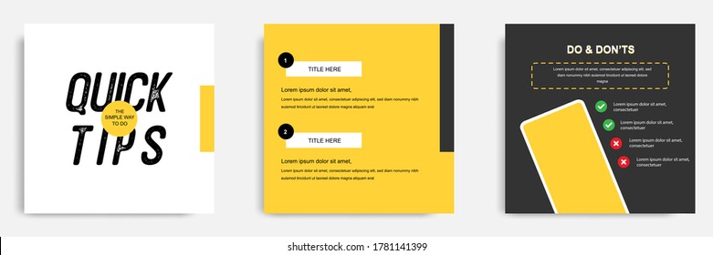 Social media tutorial, tip, trick, quick tips, do don'ts layout template with geometric background design in black, white, yellow color. Vector illustration