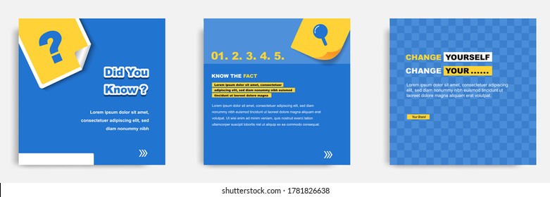 Social media tutorial, tip, trick, quick tips, layout template with geometric background design in blue, white, yellow color. Vector illustration