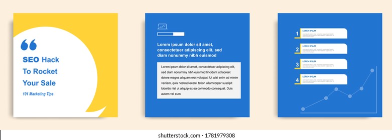 Social media tutorial, tip, trick, quick tips, layout template with geometric background design in blue, white, yellow color. Vector illustration