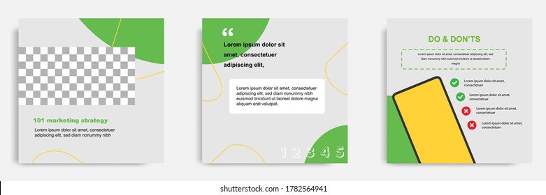 Social media tutorial, tip, trick, quick tips, do don'ts layout template with geometric background design in green, white, yellow color. Vector illustration