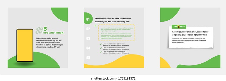 Social Media Tutorial, Tip, Trick, Quick Tips, Layout Template With Geometric Background Design In Blue, Green, Yellow Color. Vector Illustration