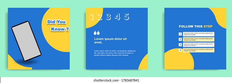 Social media tutorial, tip, trick, quick tips, layout template with geometric background design in blue, white, yellow color. Vector illustration