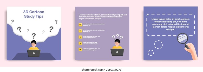 Social media tutorial, tips post banner layout template in 3D cartoon style. Study, research concept. Vector illustration