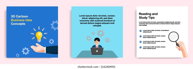 Social media tutorial, tips post banner layout template in 3D cartoon style. Business idea development concept. Vector illustration