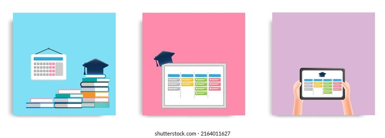 Social media tutorial, tips post banner layout template in 3D cartoon style. Graduation plan and calender concept. Vector illustration