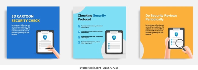 Social media tutorial, tips post banner layout template in 3D cartoon style. Security check reviews concept