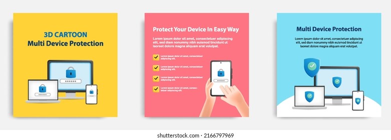 Social media tutorial, tips post banner layout template in 3D cartoon style. Multidevice security protection concept