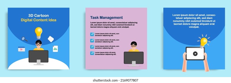 Social media tutorial, tips post banner layout template in 3D cartoon style. Digital content idea development concept. Vector illustration