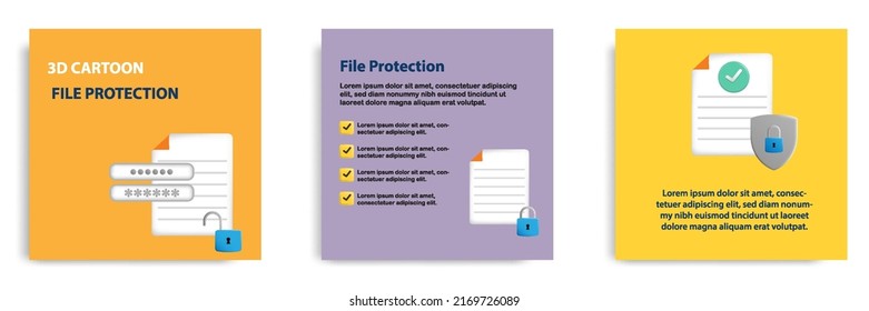 Tutorial de medios sociales, consejos postear plantilla de diseño de banners en estilo de caricatura 3D. Concepto de protección de archivos de datos