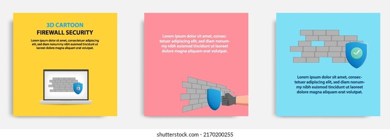 Social media tutorial, tips post banner layout template in 3D cartoon style. Firewall security protection concept