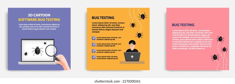 Social Media Tutorial, Tips Post Banner Layout Template In 3D Cartoon Style. Software Bug Testing Concept