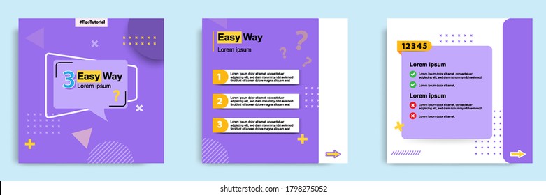 Social media tutorial, tips, trick, did you know post banner layout template with geometric background design element in purple, yellow, white color combination
