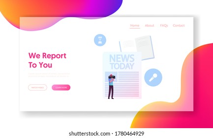 Social Media, Tv Show, Program or Vlog Broadcasting Landing Page Template. Male Character Videographer or Blogger Record Video Reportage on Camera at Huge Newspaper. Cartoon Vector Illustration