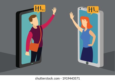 Social Media, Two People Waving And Saying Hi To Each Other From Inside Their Phones.