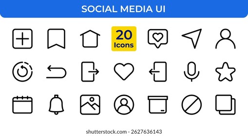 Social Media UI App and Web Interface Line Icons Set Technology Digital Outline Vector Editable Stroke