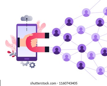 Social media ultra violet concept vector illustration with magnet engaging followers and likes. Influence marketing or viral advertising campaign. Audience or customer retention strategy.