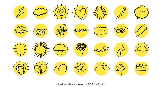 Social media, universal icon  symbol and sign doodle set vector line art.