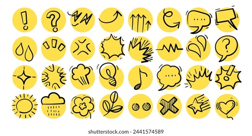 Social media, universal icon  symbol and sign doodle set vector line art.