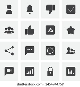 Social media universal vector icons set, modern solid symbol collection, filled style pictogram pack. Signs logo illustration. Set includes icons as user group avatar, bell notification, like, dislike