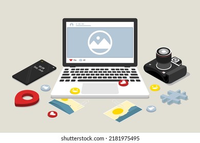 Social media update on laptop with camera, smartphone, picture and icon elements, Digital marketing illustration.
