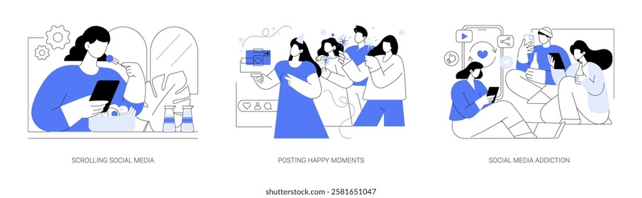 Social media use isolated cartoon vector illustrations set. Young girl eating and scrolling through feed, posting happy moments, group of friends taking selfie, smartphone addiction vector cartoon.