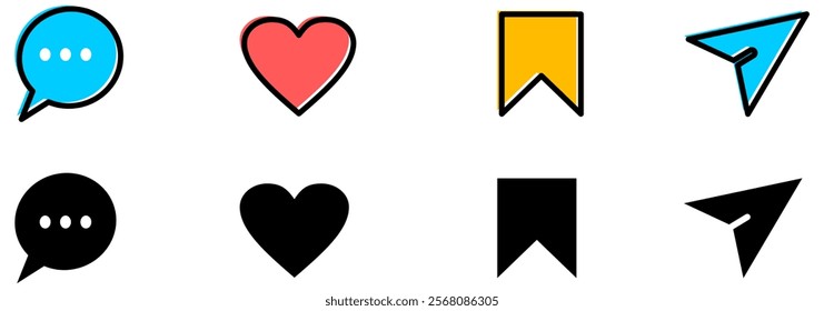 Social media user interface icons collection. Like, comment, share and save icons. social media flat icon.
