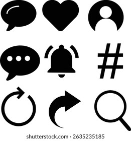 Ícones de mídia social e interface do usuário definem símbolos de vetor em preto

