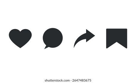 Social media user interface icons set for feedback and engagement: heart, message, share, and bookmark. Vector icons representing common social media actions: heart (like), comment bubble, share arrow