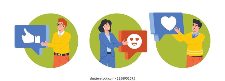 Social Media Users Characters with Emoticon, Heart and Like Isolated Round Icons or Avatars. Evaluation of Messages and Posts in Media. Internet Communication. Cartoon People Vector Illustration