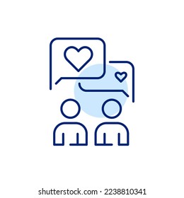 Usuarios de medios sociales intercambiando como mensajes. Icono de línea de trazo de píxeles perfecto, modificable
