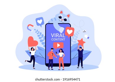 Social media users giving likes to viral video content with cute cat. Tiny bloggers with internet symbols and smartphone screen. Vector illustration for blogging, digital marketing, smm concept