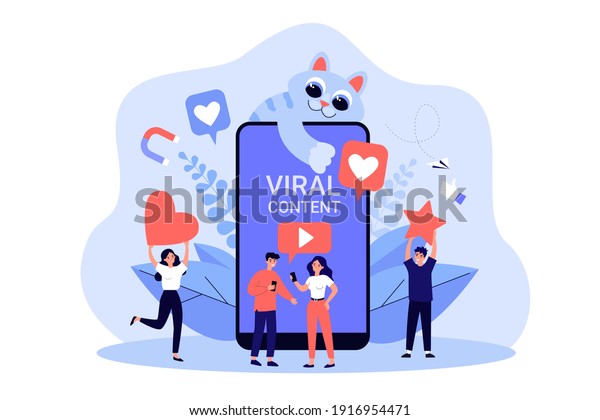 Social media users giving likes to viral video\
content with cute cat. Tiny bloggers with internet symbols and\
smartphone screen. Vector illustration for blogging, digital\
marketing, smm concept