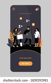 Social media users sharing information about referrals. People with megaphone using gadgets and giving likes. Vector illustration for announcement, influencer marketing, refer a friend concept.