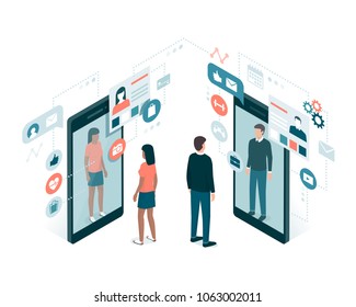 Social media users sharing their profile online on a smartphone and networking, technology and identity concept