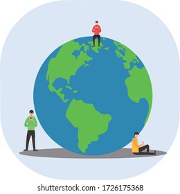 Social media vector concept: group of male figures sitting near the big earth while using mobile phone