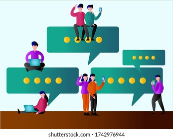 Social Media vector concept: Group of young people using mobile phone chatting online
