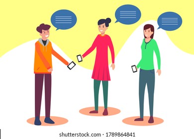 Concepto vectorial Hipster: grupo de adolescentes interactuando alegremente unos con otros mientras sostienen sus propios teléfonos inteligentes