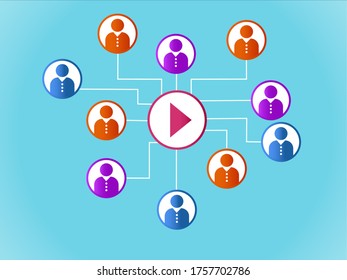 Social media vector concept with play button icon surrounded by male and female user profiles
