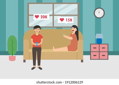 Social media vector concept: Young man and woman chatting on social media while enjoying leisure time at home