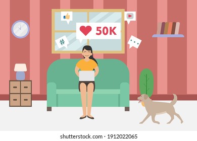 Social media vector concept: Young woman chatting on social media with laptop while sitting on the sofa