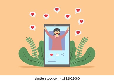 Social media vector concept: Young woman posting her photo on social media with many likes 