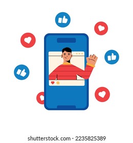 Social media vector concept. Young man social media profile. Man profile on a phone with likes and love icons behind flat illustration.
