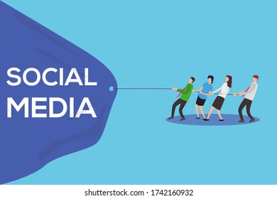 Social media vector design concept: Business team pulling a social media banner