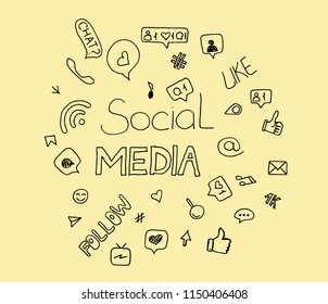 Social media vector doodles on creme background. Hand drawn vector illustration set of objects and symbols , Social Media ,doodle.