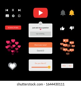 Social Media Vector Elements Set On Black Background. Instagram Likes. Youtube Player Buttons, Youtube Logo, Youtube Bell, Youtube Likes. Ask A Question. Yes Or No Icon. Subscribe Button. Slider Smile