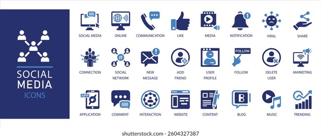  Social Media vector icon set for digital network, online communication, and trending topics. Features content, like, and share graphics.