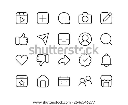 Social Media Vector Icon Set | Adjustable Line Weight | Like, comment, share, notification, profile, camera, verified, search, chat, followers, messaging, interaction, user interface icons