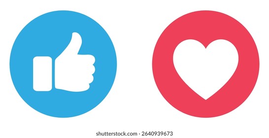 Social media vector icon. Thumbs up and heart. Flat style thumbs up and heart symbols. Social media icons for like and love, perfect for communication, interface, feed.