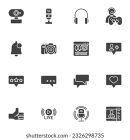 Conjunto de iconos vectoriales de medios sociales, colección moderna de símbolos sólidos, paquete de pictogramas estilo relleno. Señales, ilustración del logotipo. Set incluye iconos como mensaje de chat, comentario, podcast, página web, flujo en vivo
