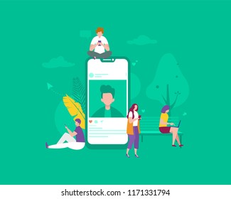 social media vector illustration concept, people at the park, comment like and  share a post on social, media can be use for, landing page, template, ui, web, mobile app, poster, banner, flyer